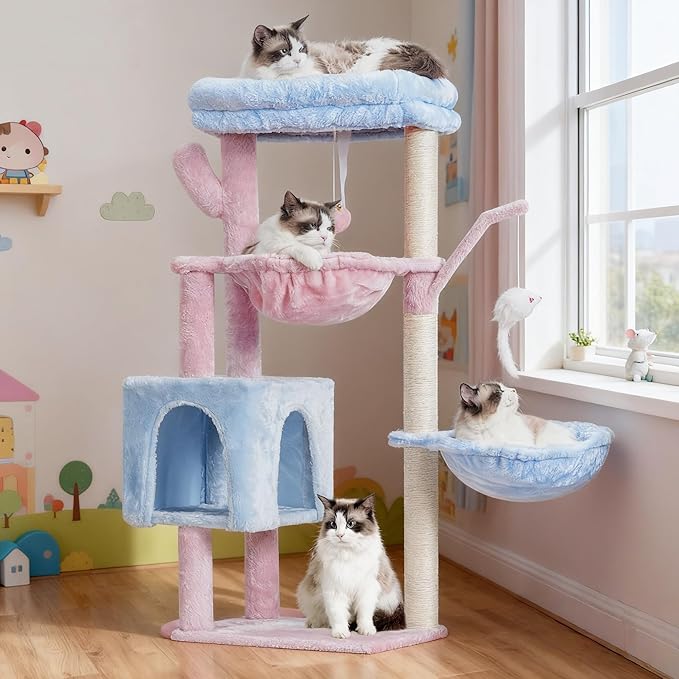 Heybly Cat Tree, 39.4 Inches Tower Condo with Scratching Post, Cat Tower for Indoor Cats, Fully Wrapped Sisal Pole, Soft Platform, 2 Baskets and Dangling Toy, Blue and Pink HCT006SBP