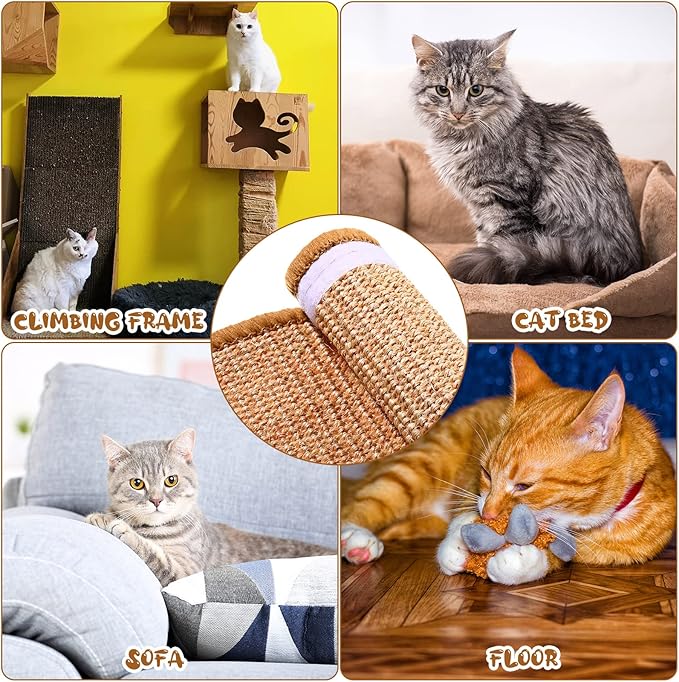 Tuanse 4 PCS Cat Scratcher Mat, 15.7 x 7.8 Inches Sisal Cat Scratching Pad, Horizontal Floor Scratching Pad Rug with Adhesive Loop Tape for Protect Couch and Carpets(Khaki)