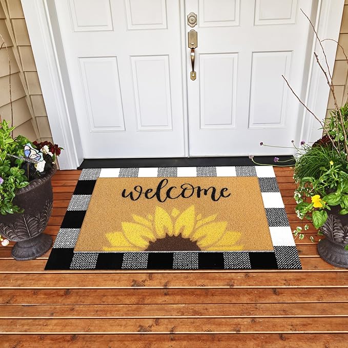Tinideya 2 Pcs Summer Door Mat Sunflower Welcome Non Slip Coir Mats Floral Buffalo Plaid Floor Layering Doormats for Home Front Door Porch Entryway Decor