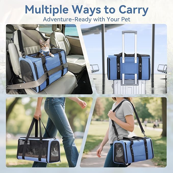 PETSFIT Soft-Sided Cat Carrier with Patented Safety Buckles, Lockable Zippers & Safety Tether,Escape-Resistant Travel Pet Carrier for Car Rides & Vet Visits, Airline Approved Under-Seat, Up to 12 lbs