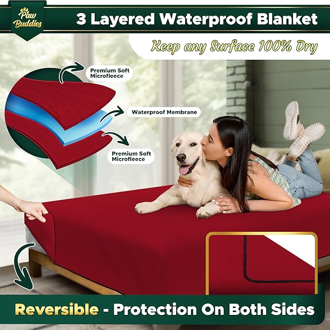 Paw Buddies Waterproof Blanket 80"x90" – Reversible Microfleece Throw for Couples, Pets & Family – Leakproof, Machine Washable Bed & Sofa Protector for Home or Travel