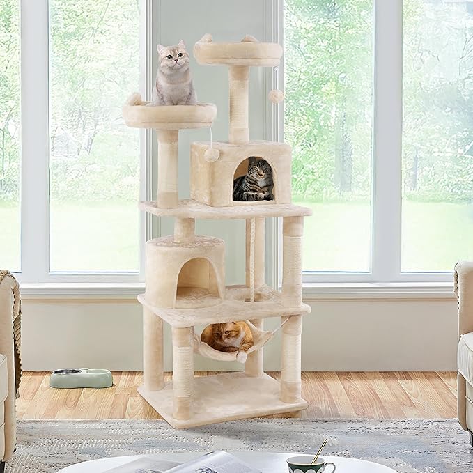 Yaheetech 62.5inches Cat Tree Cat Tower Kitten Condo with Platform & Hammock, Scratching Posts for Kittens Pet Play House with Plush Perch for Indoor Activity Relaxing, Beige