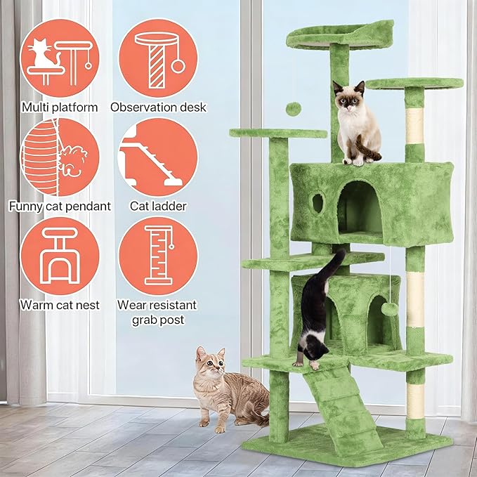 54in Cat Tree Cat Climbing Tower with Scratching Post, Cats House Perch Kitten Tree Condo Wood Playhouse, Pet Trees Tower for Indoor Cats, Green