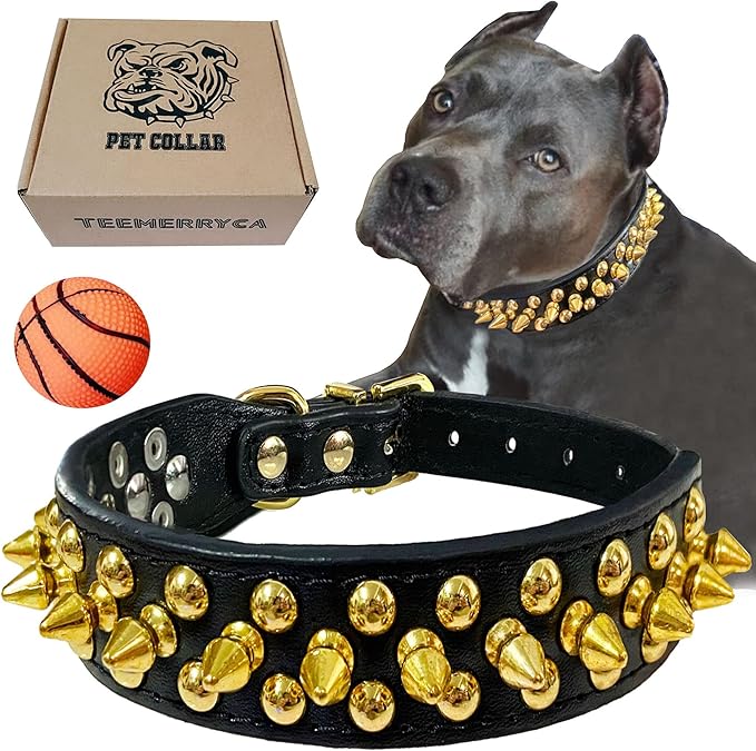 TEEMERRYCA Black Leather Dog Collar with Gold Spikes for Small Medium Large Pets,Pit Bulls/Bulldog, Keep Dog Safe from Grabbing by Huge Dogs,XXL(19.7"-22.4")