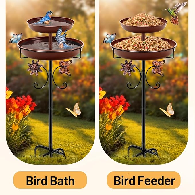 Daoeny Bird Bath for Outside, 42In Vintage Freestanding Birdbaths for Outdoors, Double Metal Bird Bath Feeder Bowls for Garden Patio Yard Lawn Decor, Upgraded 5-Pronged Base (Brown)