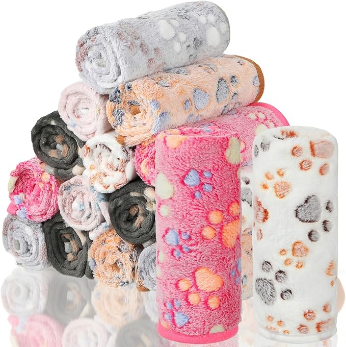 18 Pcs Dog Blankets for Small Dogs Washable Soft Fluffy Fleece Puppy Blankets for Pets Cute Paw Printed Throw for Indoor Cats Kitten Crate (Camel, White, Pink, Gray, Yellow, Dark Gray, 23 X 16 Inch)