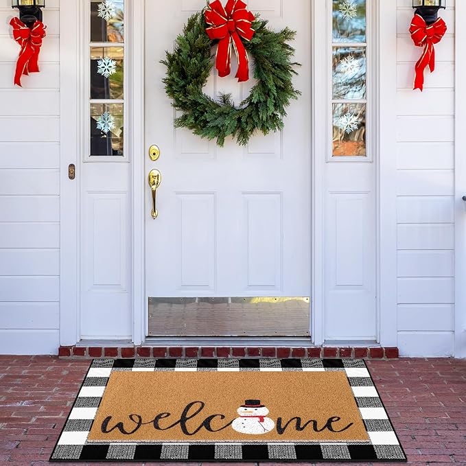 Tinideya 2 Pcs Winter Door Mat Snowman Welcome Non Slip Coir Mats Snow Black White Buffalo Plaid Floor Layering Doormats Seasonal for Front Porch Entryway Decor(Snowman)