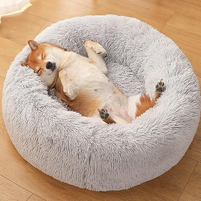Calming Donut Dogs Beds for Small Dogs Washable,19inch Fluffy Round Puppy Bed for Puppies,Cats & Toy Breeds with Raised Rim,Fits up to 15 lbs Pets,Frost Grey