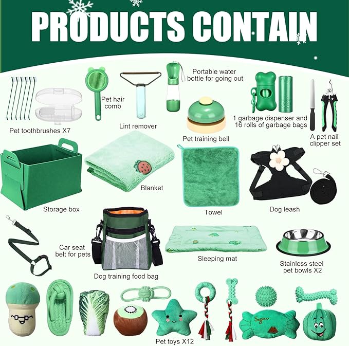 Abbylike 50 Pcs Puppy Supplies Starter Kit for Small Dogs Puppy Essentials Includes Leash, Bowls, Teeth Brushes, Water Bottle, and More Accessories for Dogs Pet Day Welcome Gift(Green)