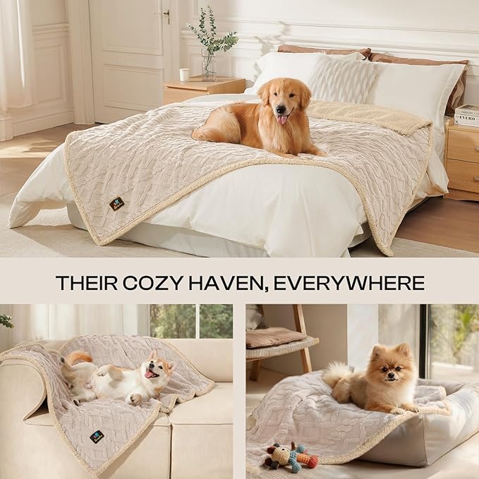 Luciphia Waterproof Pet Blanket, Liquid Pee Proof Dog Blankets for Sofa Bed Couch, Reversible Sherpa Fleece Furniture Protector Cover for Small Medium Large Dogs Cats,Beige-Thicken X-Large（85" x 57"）