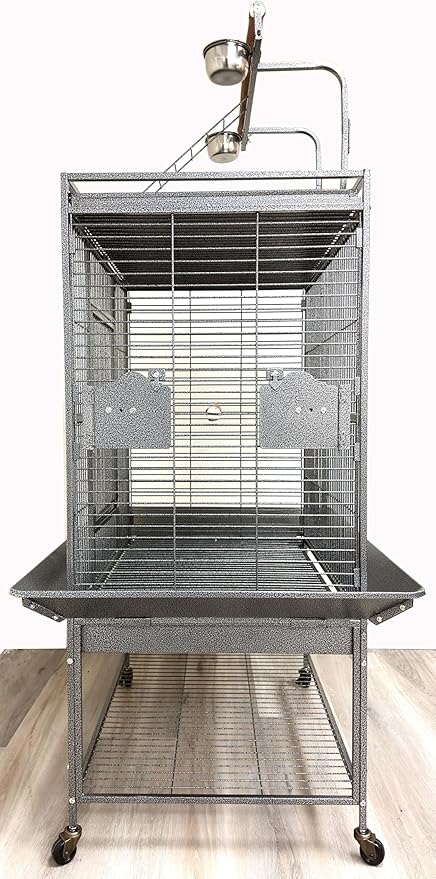 Large Elegant and Durable Wrought Iron Play Ground Perch Stand Top Climbing Ladder Bird Parrot Rolling Metal Cage with Around Seed Guard Storage Shelf On Heavy Duty Lockable Rolling Wheels