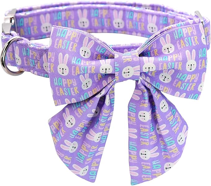 MR. CHUBBYFACE Easter Dog Collar, Purple Rabbit Puppy Collar with Flower, Adjustable Pet Collar Bowtie for Small Medium Large Dogs