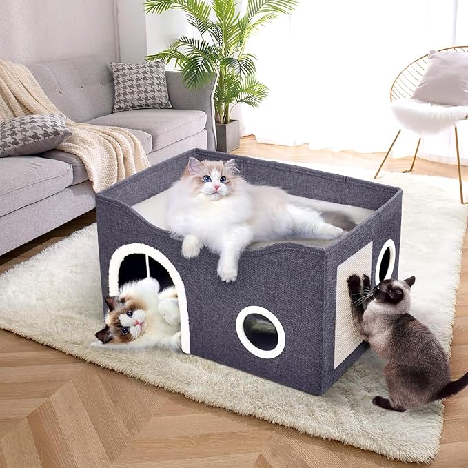 Heeyoo Cat House for Indoor Cats - Large Cat Bed Cave with Fluffy Ball and Scratch Pad, Foldable Cats Houses & Condos, Cat Hideaway, Covered Kitty Bed for Multi Small Large Kitty, 23.8x15.9x13.2 Inch