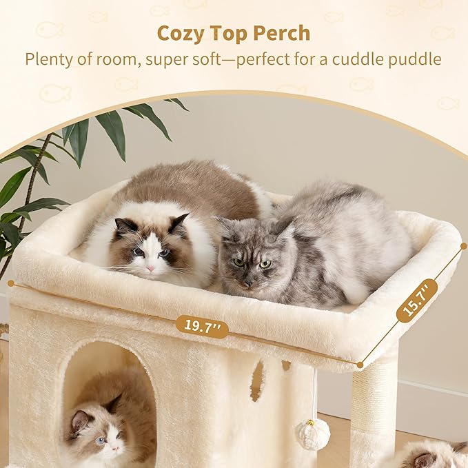 Heybly Cat Tree, 25.6-inch Cat Tower with Spacious Top Perch for Large Cats, Stair-Style Cat House Furniture with Dual-Layer Condos, Sisal Scratching Posts, Cozy Basket & Pompom, Beige HCT204SM