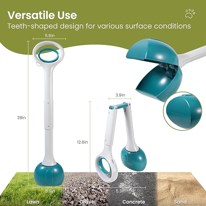 Dog Pooper Scooper Portable with Bag Attachment, One Handed Foldable Design, Includes 120 Waste Bags and Dispenser, 28 Inch Handle for Grass Yard Gravel Cleanup (Green)