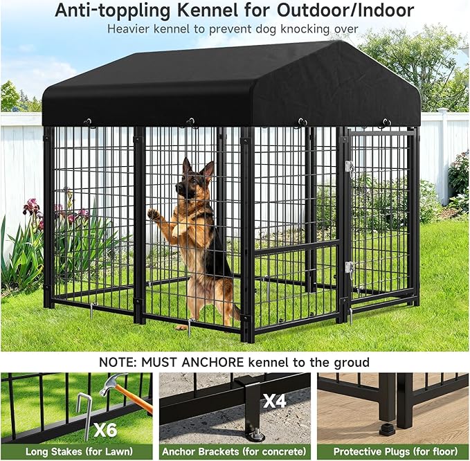 2PCS Dog Kennel Outdoor, Outside Dog Kennel with Roof & Removable Doggy Door Allow Connecting Your Dog House, Square Pet Enclosure Dog Run Yard for Medium/Small Dogs(4'Lx4'Wx4.6'H)
