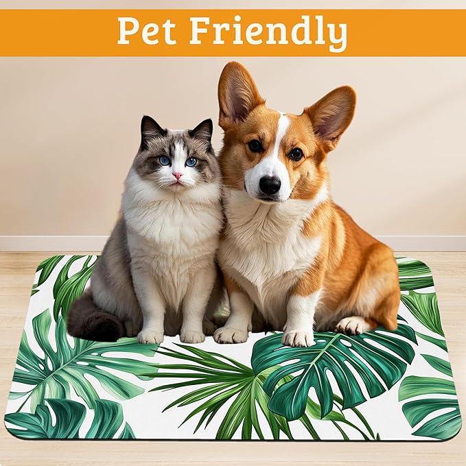 Dog Bowl Mat,Leaves Pet Feeding Mat for Floors Waterproof,Tropical Palm Absorbent Dogs Placemat for Food and Water Quick Dry Pet Cat Feeding Mats with Non Slip Bottom 12" x 20"