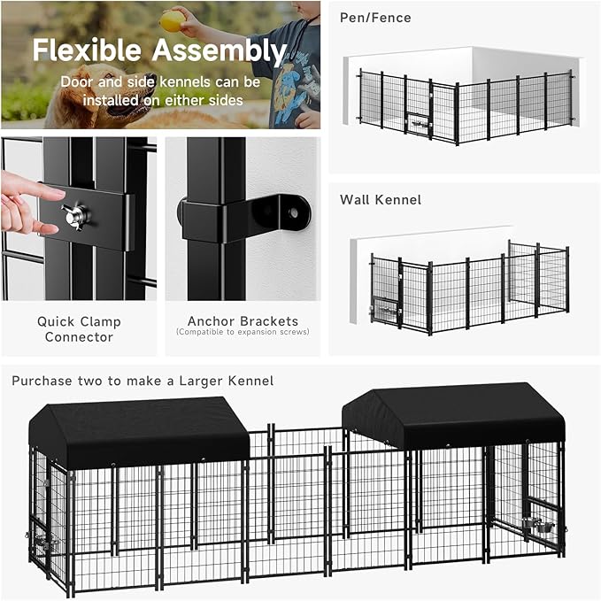 Dog Kennel Outdoor, Outside Dog Kennel with Roof & Swivel Feeders/Removable Doggy Door Allow Connecting Your Dog House, Heavy Duty Dog Run Pen Yard for Medium/Large Dogs (5'L x 5'W x 5'H)