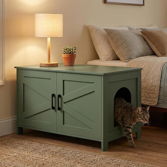 Homhedy Cat Litter Box Enclosure,Litter Box Furniture Hidden with Barn Door,Wooden Cat Washroom Furniture,Fit Most of Litter Box, Green, CL50L