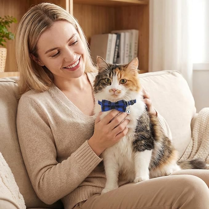 6Pcs Cats Bowtie Collar with Bell, Breakaway Cats Collars, Classic Plaid Kitten Cat Collars Adjustable Cat Bowtie Collar with Pendants for Quick Release for Small Pet