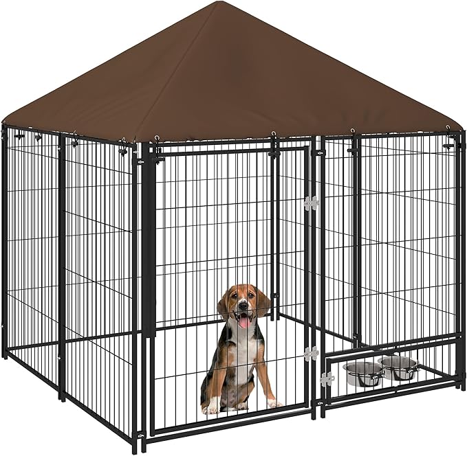 PawHut Outside Dog Kennel, 4.6' x 4.6' x 5' Puppy Play Pen with Canopy, Garden Playpen Fence Crate Enclosure Cage Rotating Bowl, for Dogs, Chickens, Ducks, Black