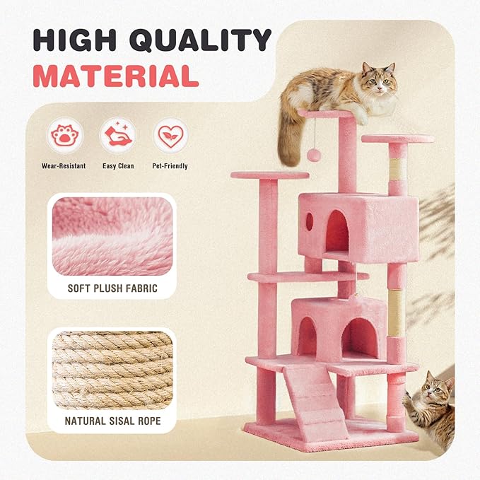 Cat Tree 54 Inch, Multi-Level Cat Tower with Condo, Perches, Sisal Scratching Posts and Climbing Ladder, Pet Play Toy Balls House for Indoor Cats, Pink