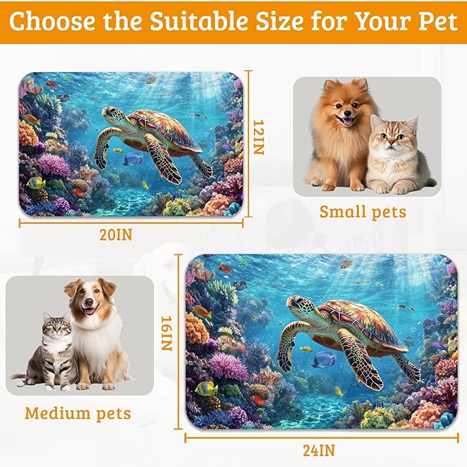 Sea Turtle Dog Cat Food Mat,Colorful Coral Absorbent Waterproof Placemat for Food and Water Non Slip Rubber Backing Durable Feeding Pad for Clean Floors 16" x 24"