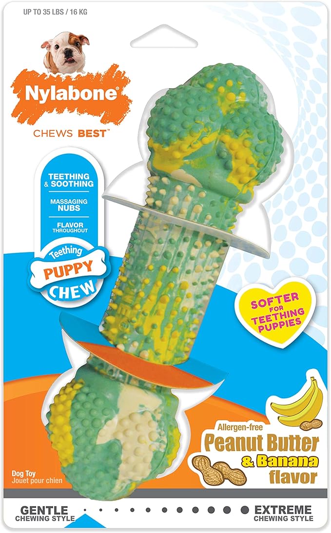 Nylabone Flavor Frenzy Barbell Puppy Chew Toy, Rubber Toys for Teething Puppies, Peanut Butter & Banana Flavor, Medium Dogs - Up to 35 lbs., 1 Count