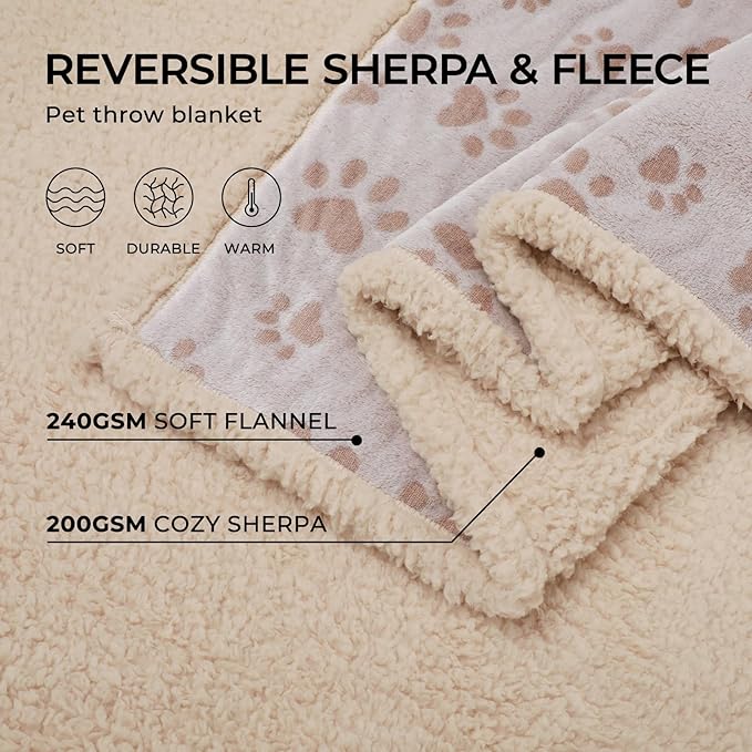 Luciphia Waterproof Pet Blankets Whith Paw Print for Couch Sofa Bed Cover, Liquid Pee Proof Soft Fluffy Dog Blanket Washable, Reversible Furniture Protection Puppy Cat, Khaki, Medium（57" x 40"）