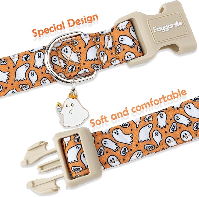 Faygarsle Halloween Ghost Pattern Dog Collar with Charm, Orange and White,for Small Medium Large Dogs L