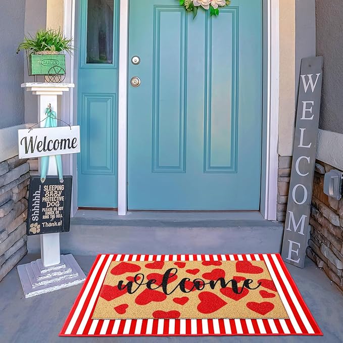 Tinideya 2 Pcs Door Mat Welcome Non Slip Coir Mats Floor Layering Doormats Seasonal for Front Porch Entryway Decor(Heart)