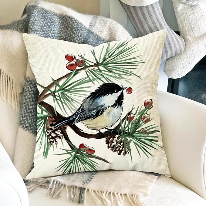 Fahrendom Hello Winter Green Decorative Throw Pillow Covers 20 x 20 Set of 4, Chickadee Pine Needle Branch Porch Patio Outdoor Pillowcase, Christmas Pine Cone Red Berry Sofa Cushion Case Home Decor