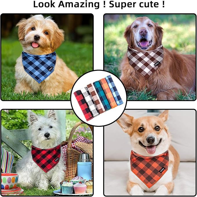 Buffalo Plaid Dog Bandanas Fall Christmas Classic 6PCS Dog Gifts Red Blue Green Orange Black Brown Scarf Adjustable Kerchief for Small Medium Large Cats Puppy