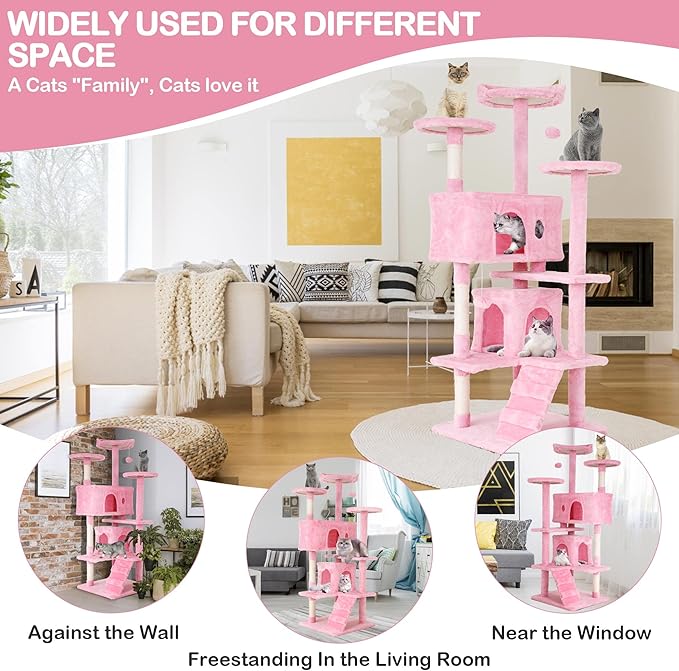 Heavy Duty Cat Tree Tower, 54" Tall Cat Tower for Indoor Cats with Cat Scratching Post with Bed, Cat Condo, Hanging Ball, Multi-Level Cat Climbing Tower Cat Trees Furniture Activity Center, Pink
