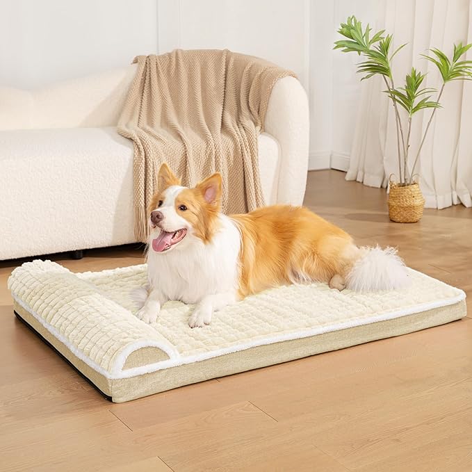 Orthopedic Dog Bed Large Sized Dog with Pillow 36''X24'', Waterproof Soft Comfortable Egg Crate Foam Pet Crate Beds Mat with Removable Washable Cover and Non-Slip Bottom, Cream