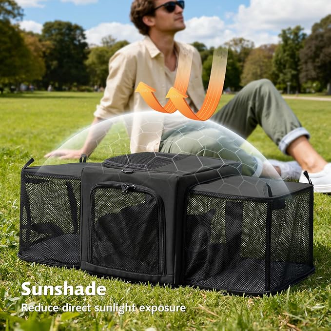 Pecute Cat Carrier Expandable, Stable Pet Carrier with 5mm Thick Steel Wire Frame, Dual-Side 200% Larger Space, Car Travel Carrier with Locking Zippers & Belt, Foldable for Storage, Dark Gray