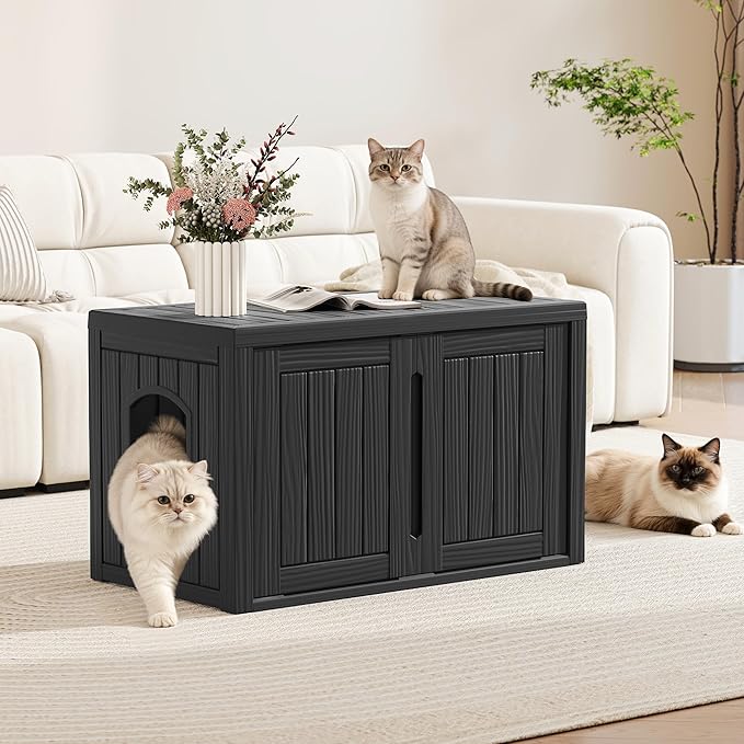 Cat Litter Box Enclosure, Multi-Functional Hidden Enclosed Litter Box Furniture with Adjustable Partition, Indoor Outdoor Cat House Weatherproof, Side Table, Easy to Clean & Assemble, Black