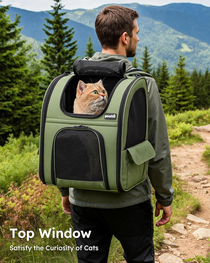 Pecute Expandable Cat Backpack Carrier, Backpack for Cats & Small Dogs Up to 11lbs, with 4-Side Breathable Mesh, Multi-Entry & Lockable Zippers for Travel, Hiking, Camping - Hands Free, Green