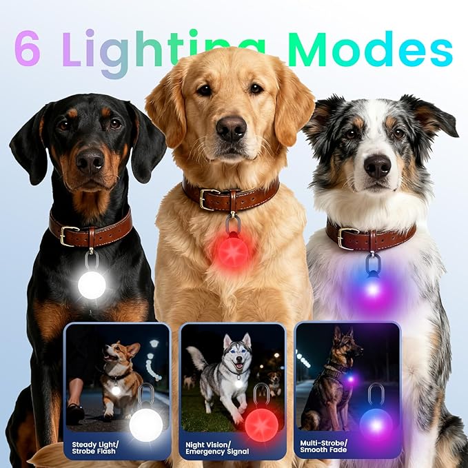 2-in-1 GPS Tracker Dog Light | Smart Tracking Pet LED Light for iOS Only | IP68 Waterproof | 6 Modes Dog Collar Light for Night Walking, Camping | Works with Apple Find My, No Subscription