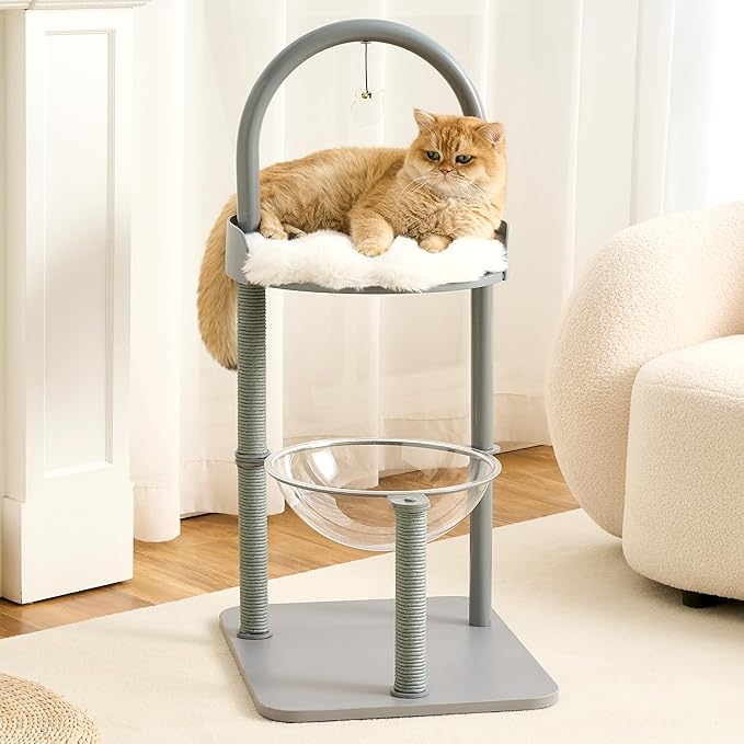 Modern Cat Tree Tower for Indoor Cats up to 12lbs, 34" H Furniture-Style Metal Cat Tower with Scratching Posts, Wood Cat Bed with Soft Plush Cushion Washable, Acrylic Capsule, Dove Gray