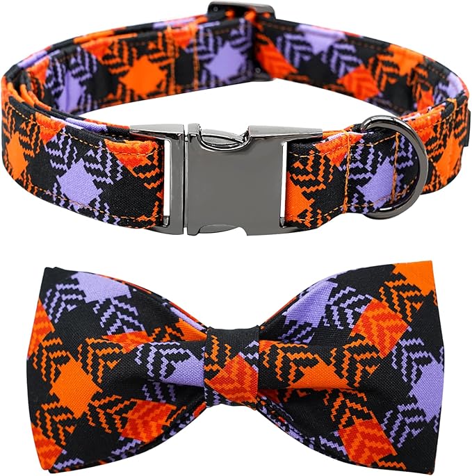 Halloween Dog Collar, Pet Collar Bow Plaid Collars Girl Boy Holiday Pet Collars Gift Bow Dog Collar Cute Soft Puppy Collar for Large Dogs