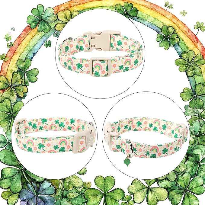 St. Patrick's Day Dog Collar for Large Dogs - Cute Shamrock & Rainbow Print Dog Collars, Irish Green Party Puppy Collar, Lightweight Adjustable St. Patricks Day Pet Collars L