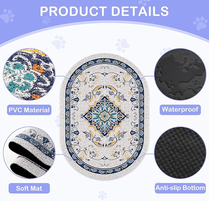 Bienbee Cat Litter Mat, 33" x 22" Large Size Litter Box Mat Rug with Non-Slip Bottom,Urine and Water Proof, Easy to Clean Cat Supplies Essentials for Indoor Kitty Kitten Floor, Blue L