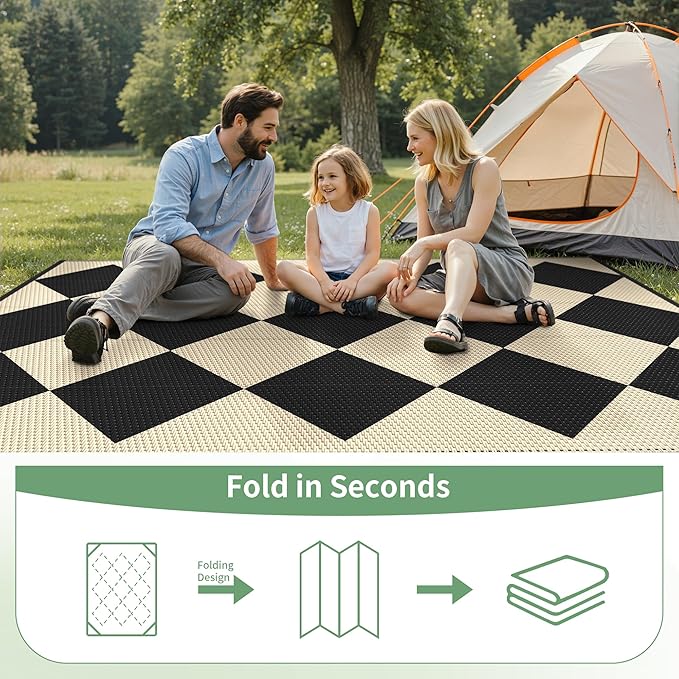 GENIMO Outdoor Rug for Patio Clearance, 6'x9' Reversible Geometric Plastic Straw Rugs, Lightweight Waterproof RV Camping Mat for Camper, Balcony, Deck, Backyard, Picnic, Black Beige