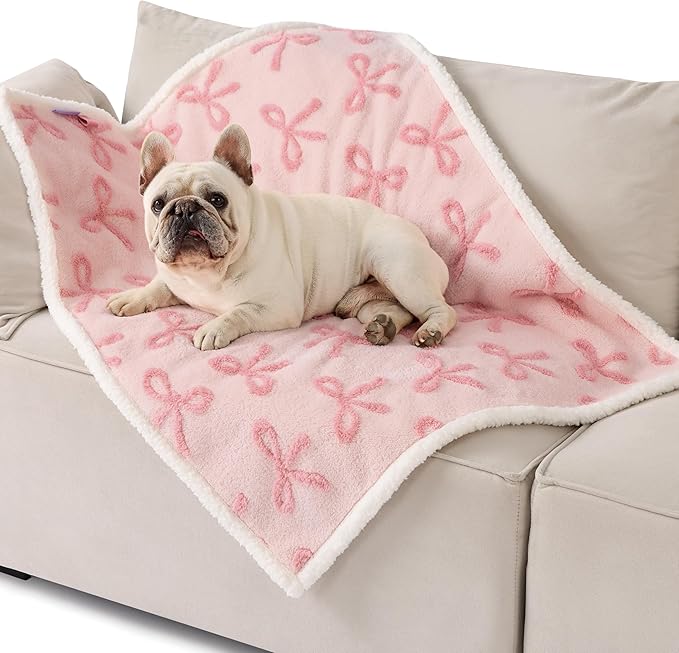 LE SURE Waterproof Puppy Blanket for Medium Dogs - Washable Double Sided Dog Blankets with Warm Jacquard Shag and Soft Sherpa Fleece, Pet Cat Blanket for Couch Protection, Bow Design，Pink Taffy