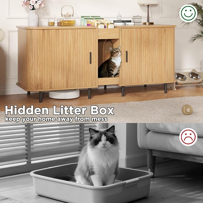 Double Litter Box Enclosure for 2 Cats, 55" Litter Box Furniture Hidden with Cat Scratch Pad, Large Indoor Cat House with Double Room, Wooden Litter Box Cabinet, TV Stand, Natural