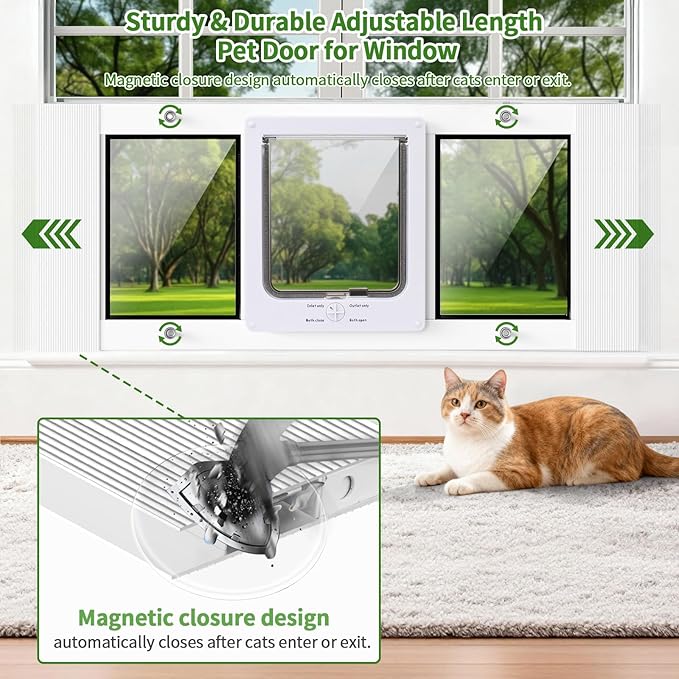 Aluminum Frame Window Cat Door with Magnetic Auto Closure, Horizontal Adjustable Width Quick-Fit Pet Door for Window Insert, Suitable for Most Medium Cats & Small Dogs