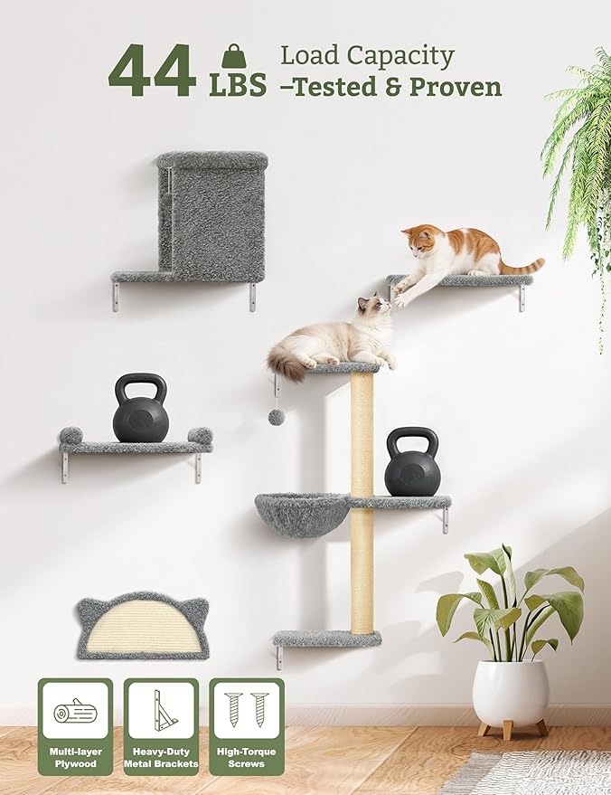 5-in-1 Cat Wall Shelves, Solid Wood & Velvet & Sisal Scratcher, 44lbs Max Load, Wall Mounted Cat Furniture for Climbers, Cat Climbing Wall System, Fits Drywall & Solid Walls - Cool Gray