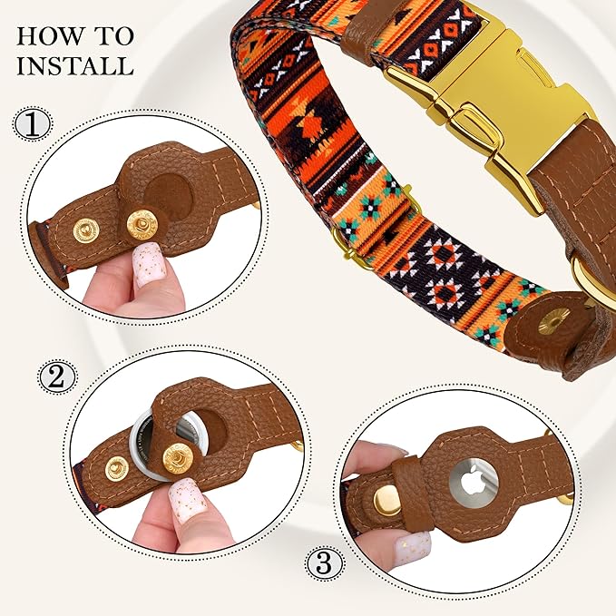 AirTag Dog Collar for Small Medium Large Breed - Adjustable Cute Pattern Dog Collar with Airtag Holder - Soft Leather Tracker GPS Apple Air Tag Pet Collars (Large, 17"-21" Neck Fit, Western)