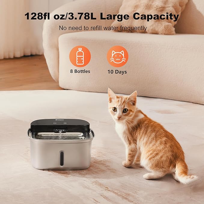 Wireless Cat Water Fountain Stainless Steel, 128oz/3.78L Cordless Automatic Water Dispenser for Cats and Dogs, Battery Operated Drinking Fountain for Pets with Motion Sensor, Ultra Quiet Pump